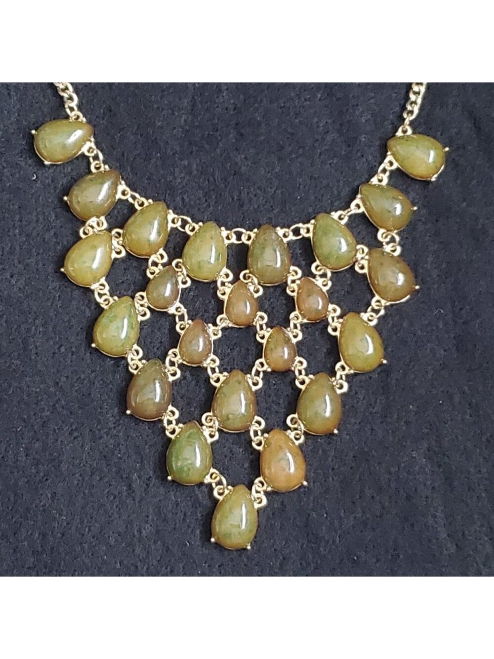 Waterfall Necklace Bib Green Gold Tone 16-19"